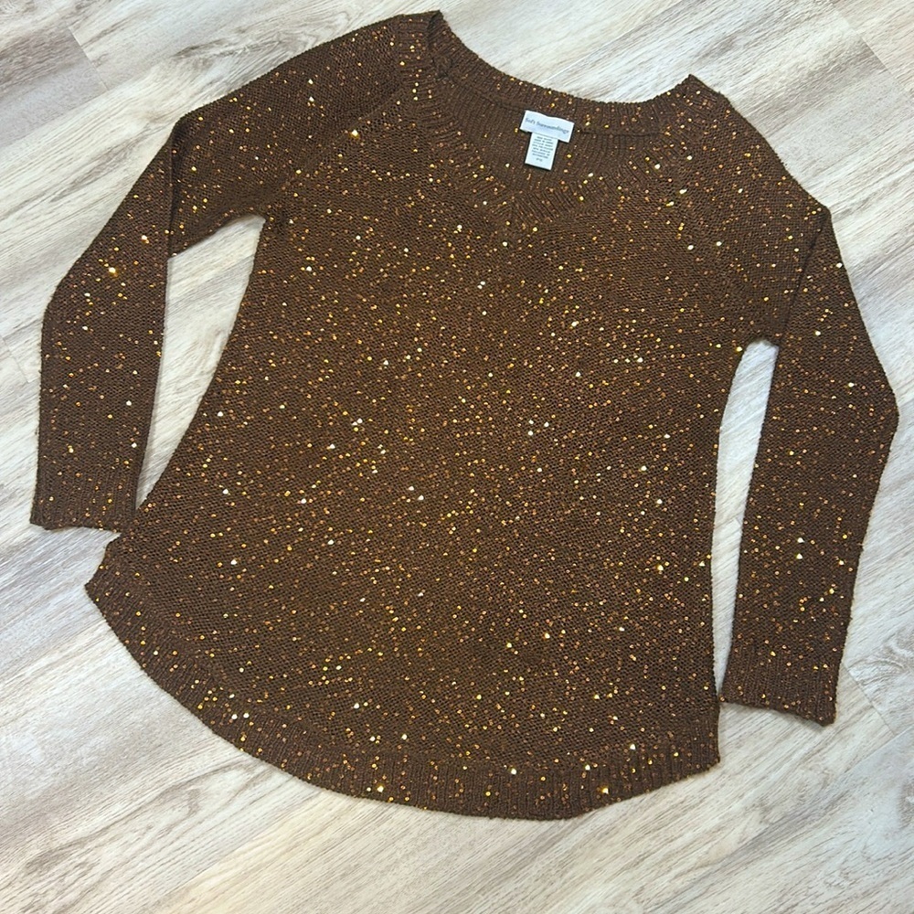 Soft Surroundings Brown Sequin Embellished Shimmer Knit V-Neck LS Tunic Sweater